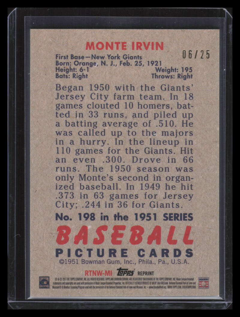 2017 Bowman Chrome Refractors That Never Were Orange RTNWMI Monte Irvin 6/25