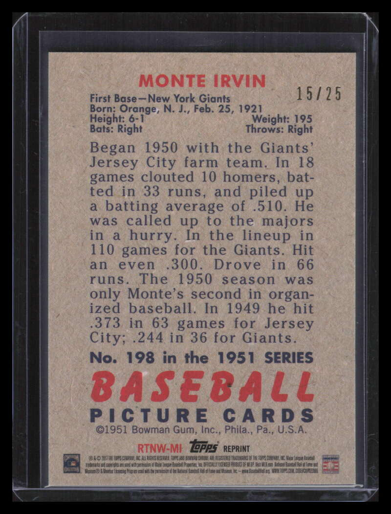 2017 Bowman Chrome Refractors That Never Were Orange RTNWMI Monte Irvin 15/25