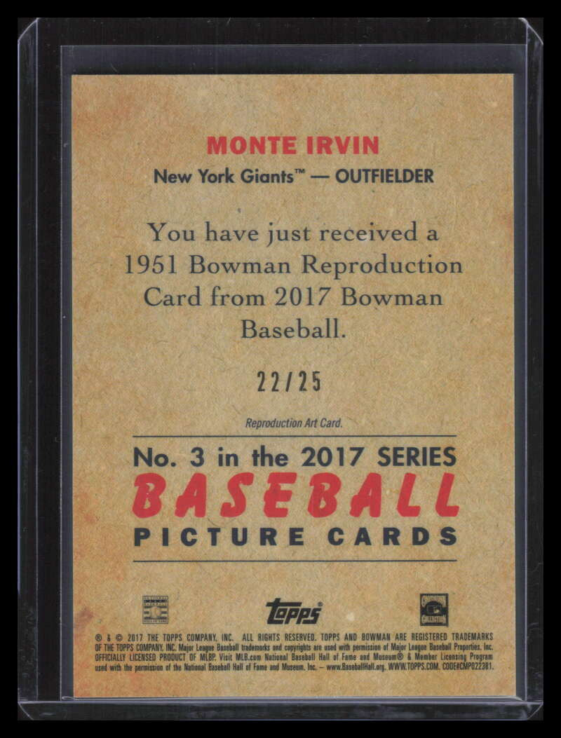 2017 Bowman Chrome '51 Bowman Orange Refractor 3 Monte Irvin 22/25