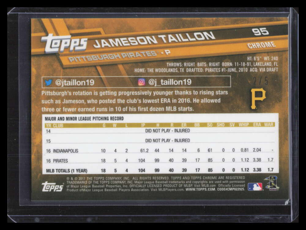 SOLD 162891 2017 Topps Chrome Red Refractor 95 Jameson Taillon 2/5