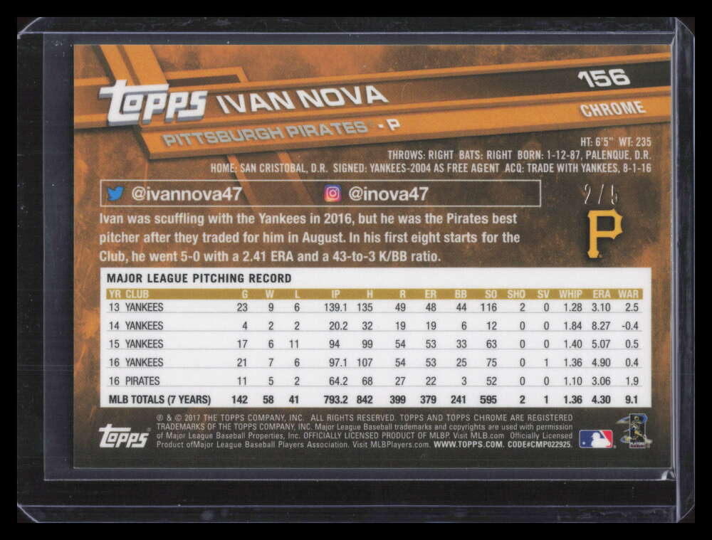 SOLD 162892 2017 Topps Chrome Red Refractor 156 Ivan Nova 2/5