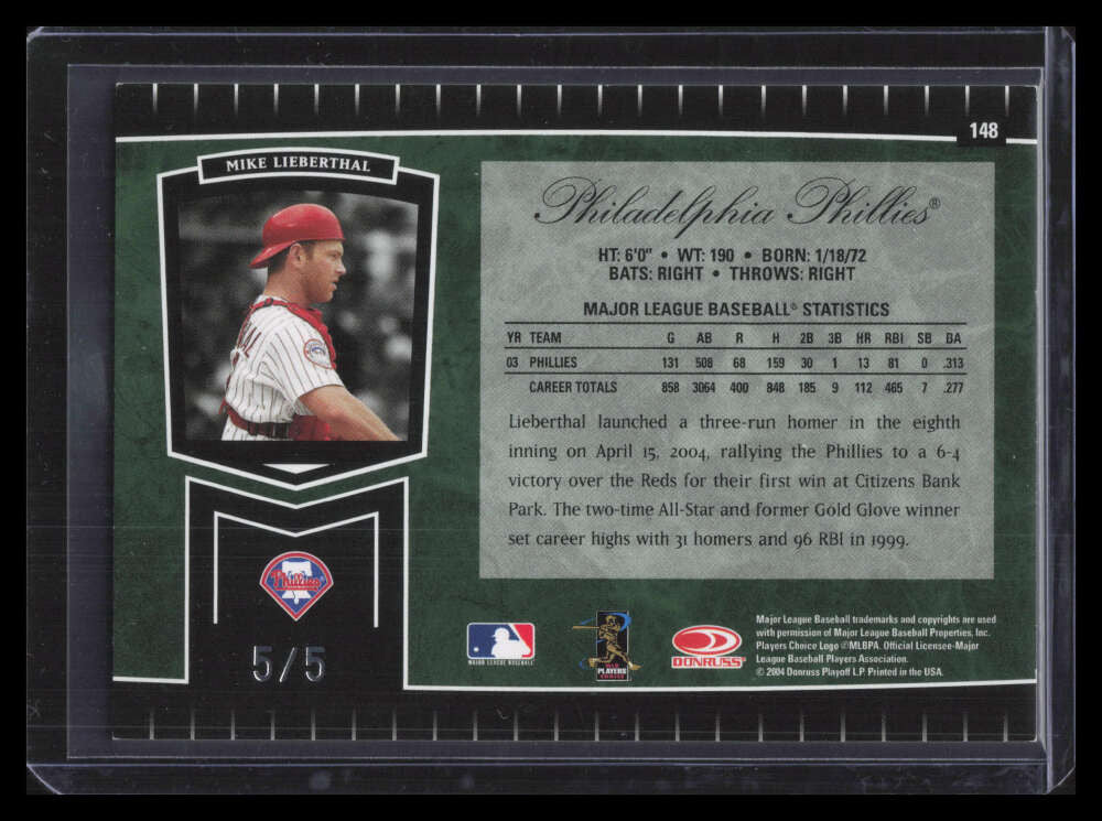 2004 Leaf Certified Cuts Marble Emerald 148 Mike Lieberthal 5/5