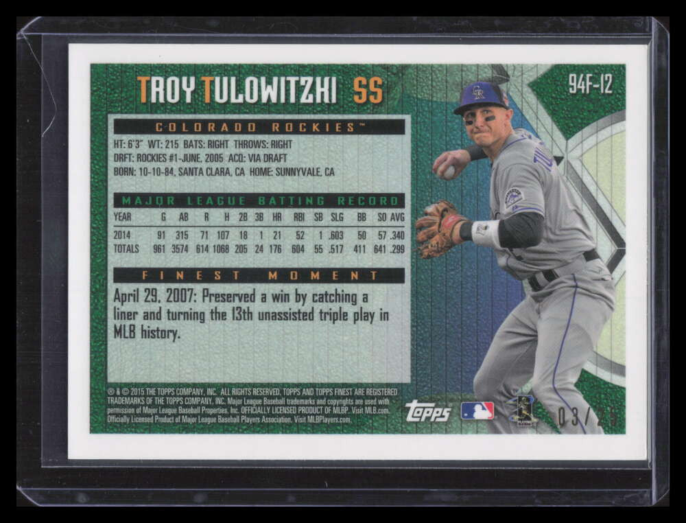 2015 Finest '95 Topps Finest Refractor 94f12 Troy Tulowitzki 3/25