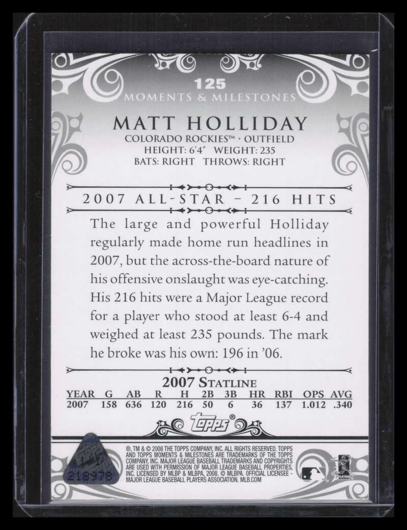 2008 Topps Moments and Milestones Red 125-193 Matt Holliday 1/1
