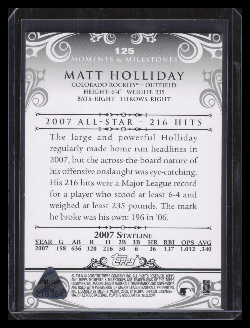 2008 Topps Moments and Milestones Red 125-167 Matt Holliday 1/1