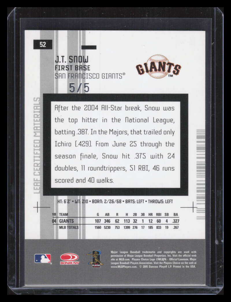 2005 Leaf Certified Materials Mirror Emerald 52 J. T. Snow 5/5