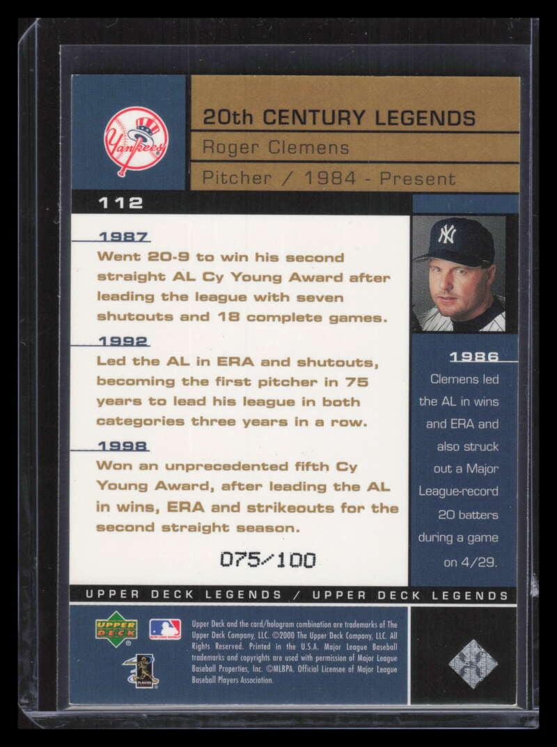 2000 Upper Deck Legends Commemorative Collection 112 Roger Clemens 20c 75/100