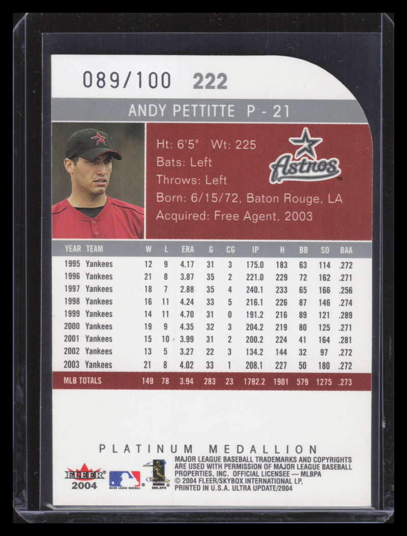 2004 Ultra Platinum Medallion 222 Andy Pettitte 89/100