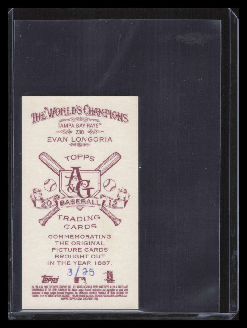 SOLD 163046 2012 Topps Allen and Ginter Mini A and G Red Back 230 Evan Longoria 3/25