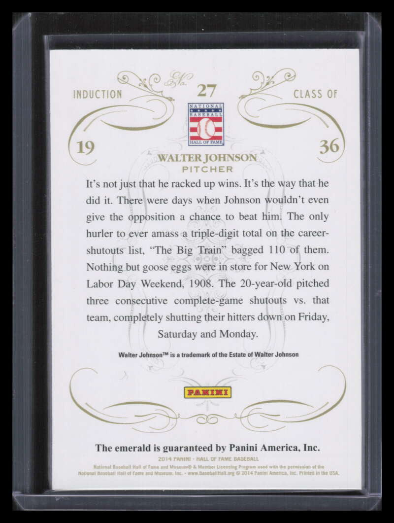 2014 Panini Hall of Fame 75th Anniversary Emerald 27 Walter Johnson Gem 3/10