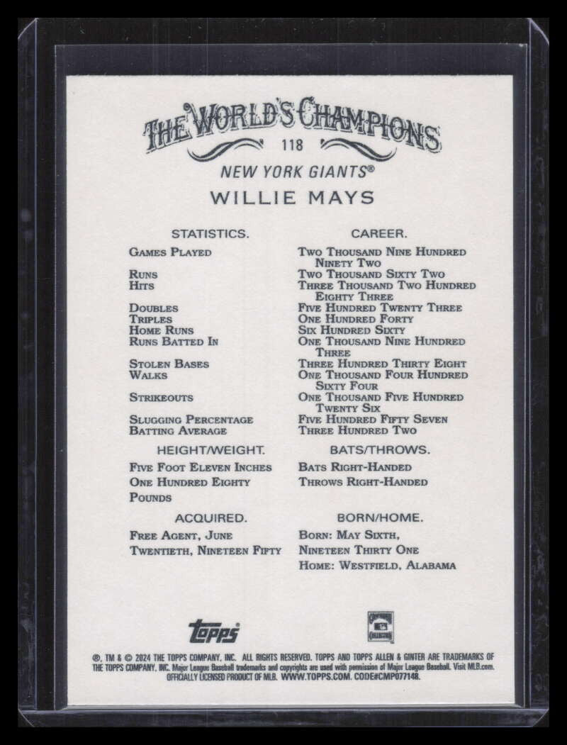 2024 Topps Allen and Ginter Gold Foil Filigree 118 Willie Mays 3/50
