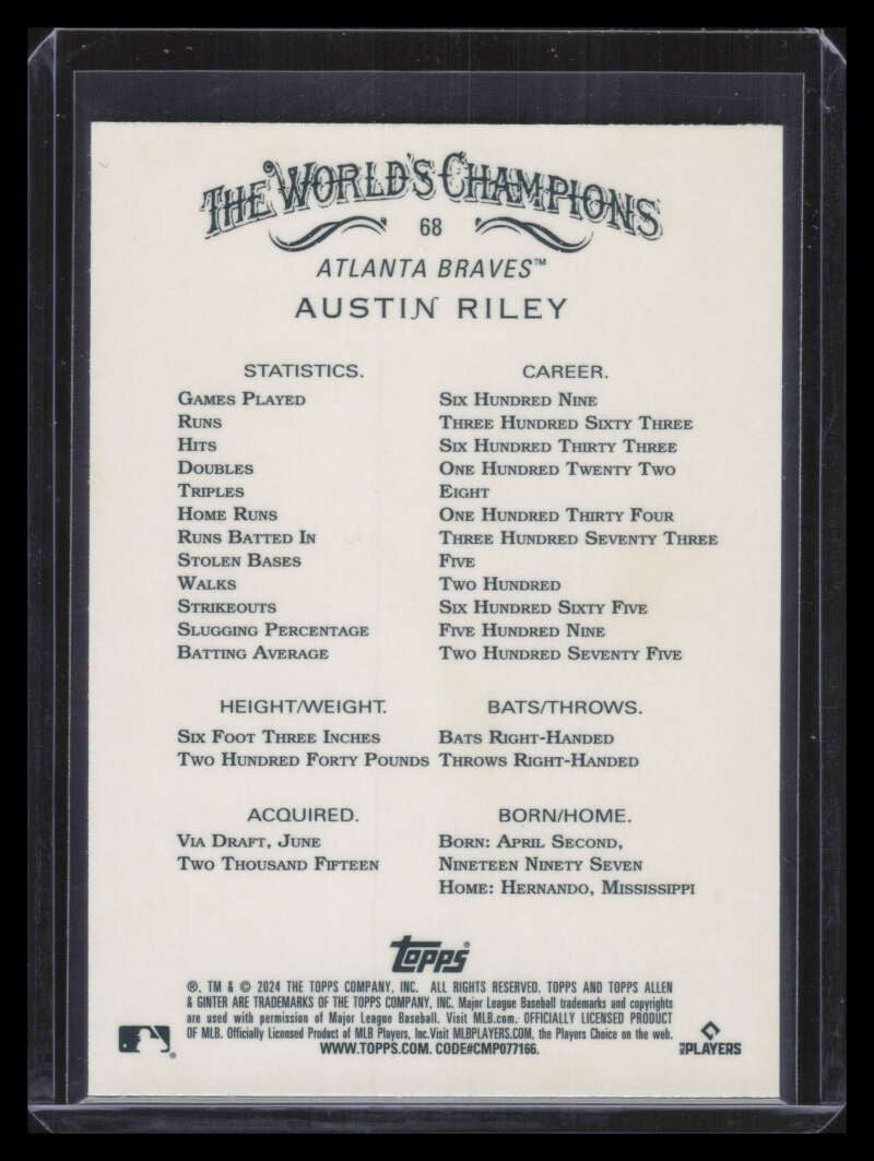 2024 Topps Allen and Ginter Chrome Orange Refractor 68 Austin Riley 20/25