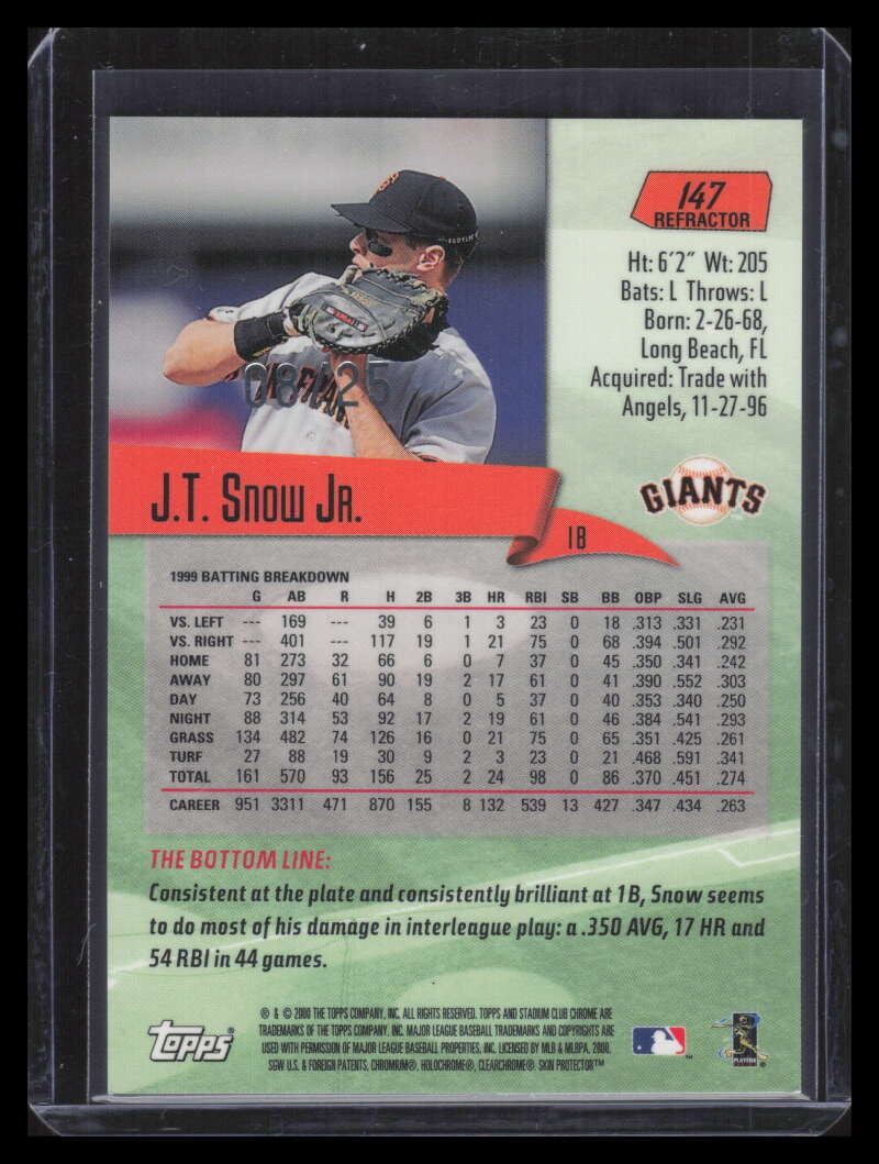2000 Stadium Club Chrome First Day Issue Refractor 147 J. T. Snow 8/25