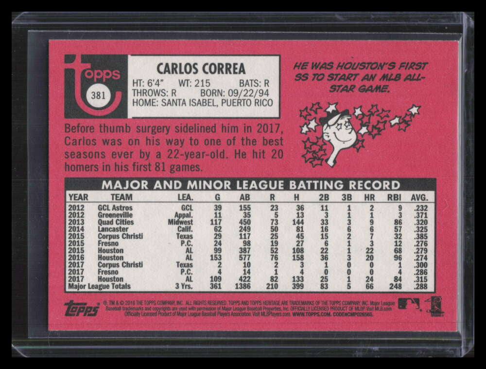 SOLD 163119 2018 Topps Heritage Magenta Back 381 Carlos Correa /10