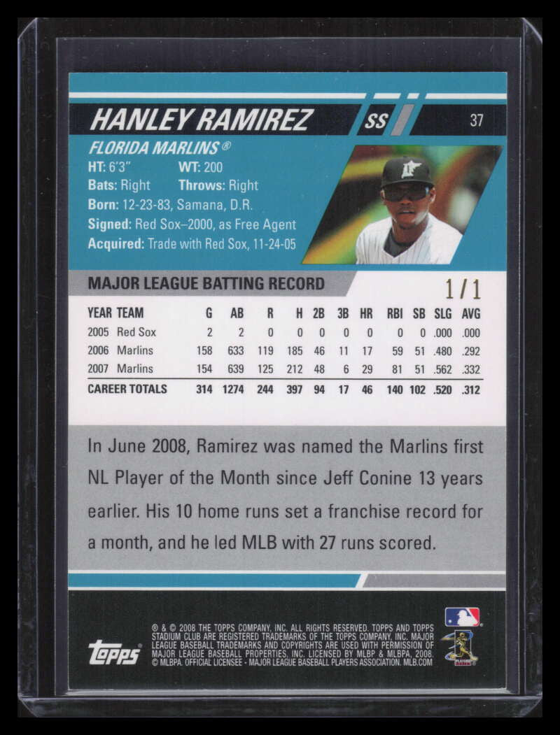 2008 Stadium Club Photographer's Proof Platinum 37 Hanley Ramirez 1/1