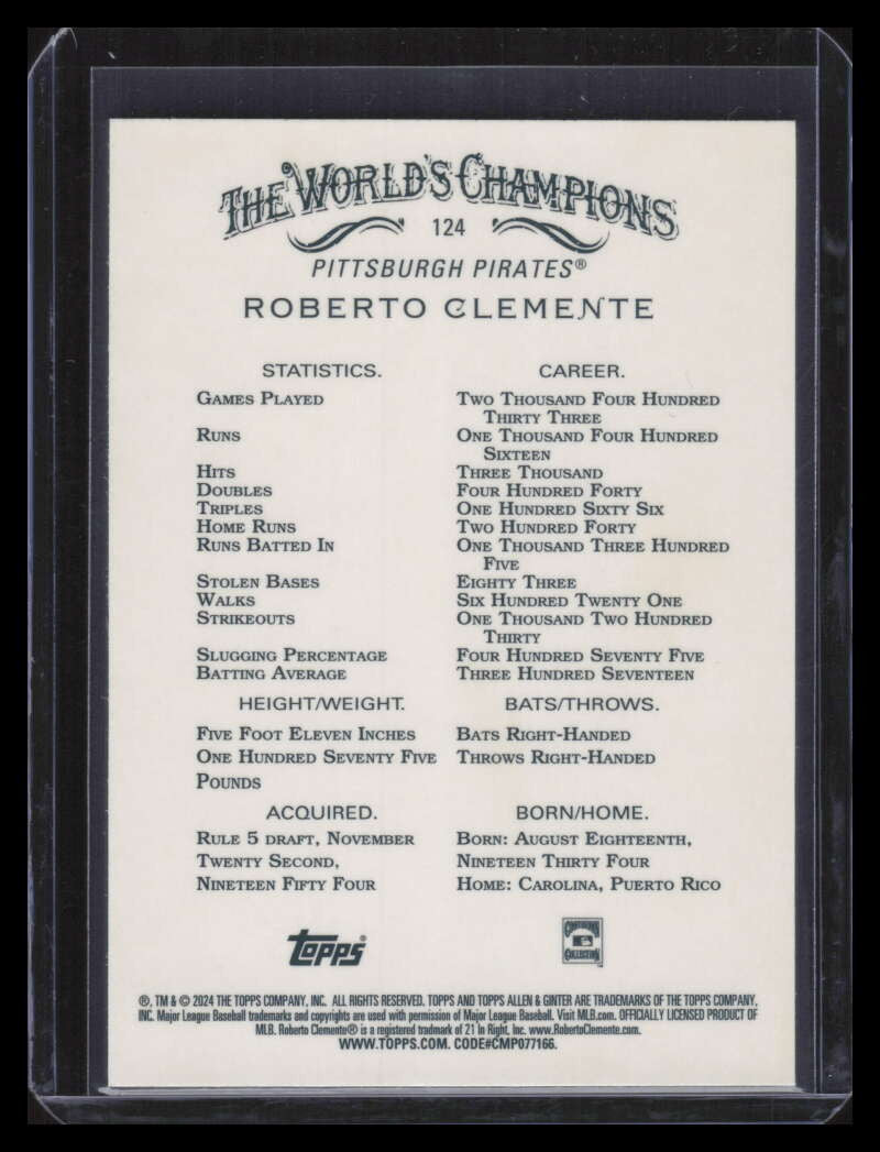 2024 Topps Allen and Ginter Chrome Gold Refractor 124 Roberto Clemente 13/50