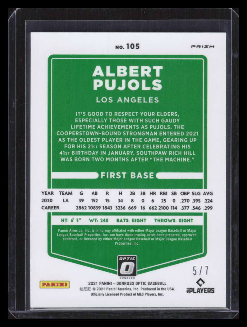 2021 Donruss Optic Green Cracked Ice Refractor 105 Albert Pujols 5/7