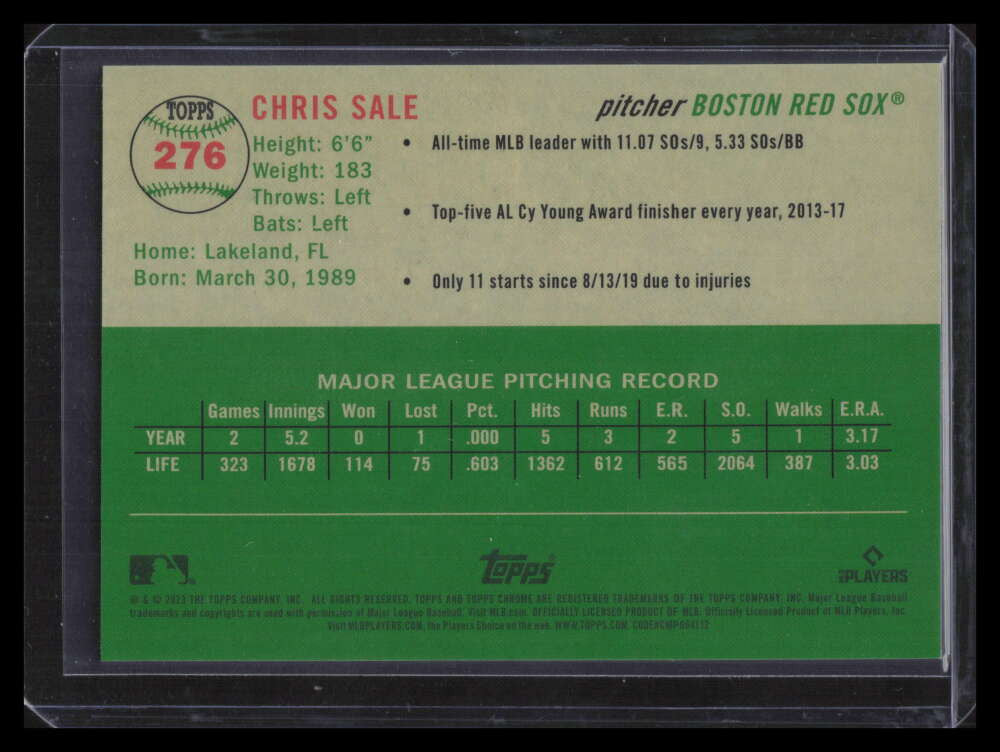 2023 Topps Chrome Platinum Toile Cream Black Refractor 276 Chris Sale 8/10