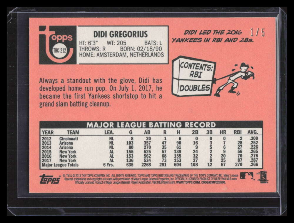 2018 Topps Heritage Chrome Gold Refractor thc212 Didi Gregorius 1/5