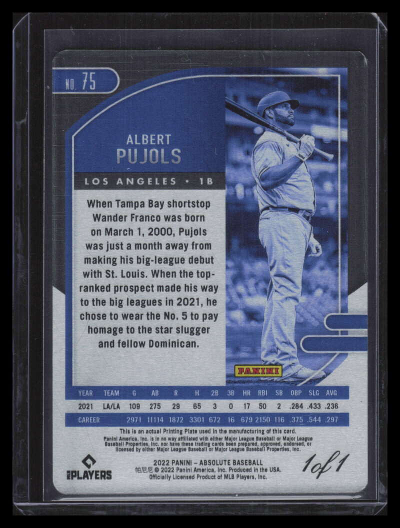 2022 Absolute Printing Plates Cyan 75 Albert Pujols 1/1