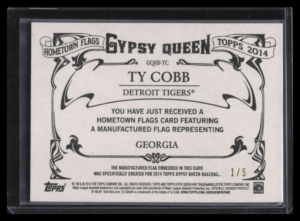 2014 Topps Gypsy Queen Hometown Flags GQHFTC Ty Cobb Georgia Flag Patch 1/5