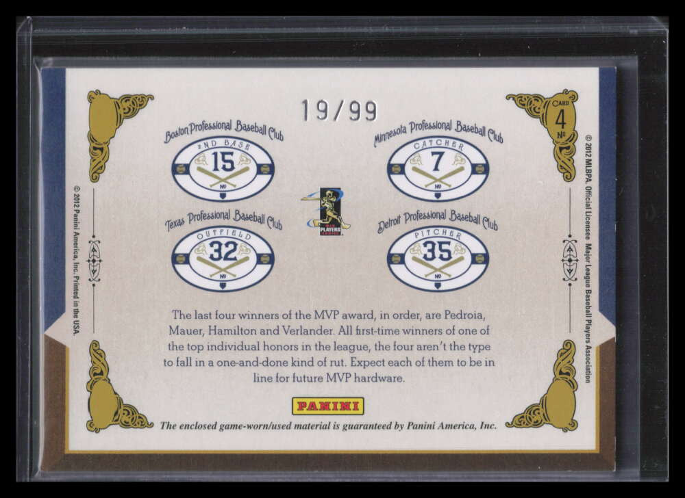 2011 Prime Cuts Timeline Material Hamilton Pedroia Mauer Verlander Jersey 19/99