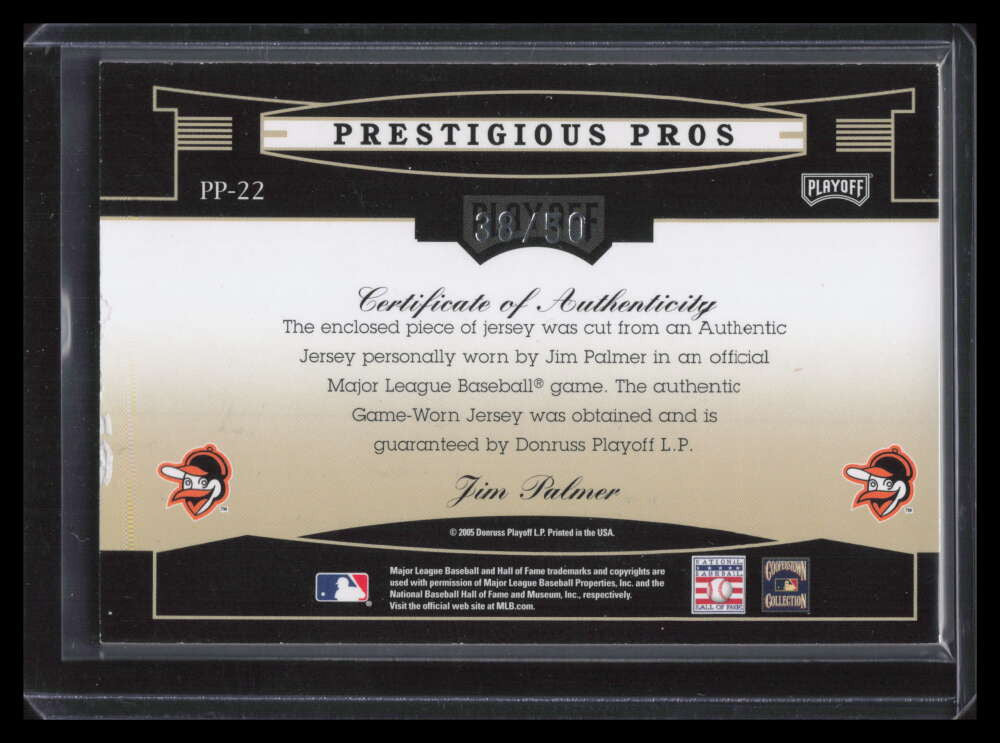 2005 Playoff Prestige Prestigious Pros Material Gold Jim Palmer Jersey 38/50