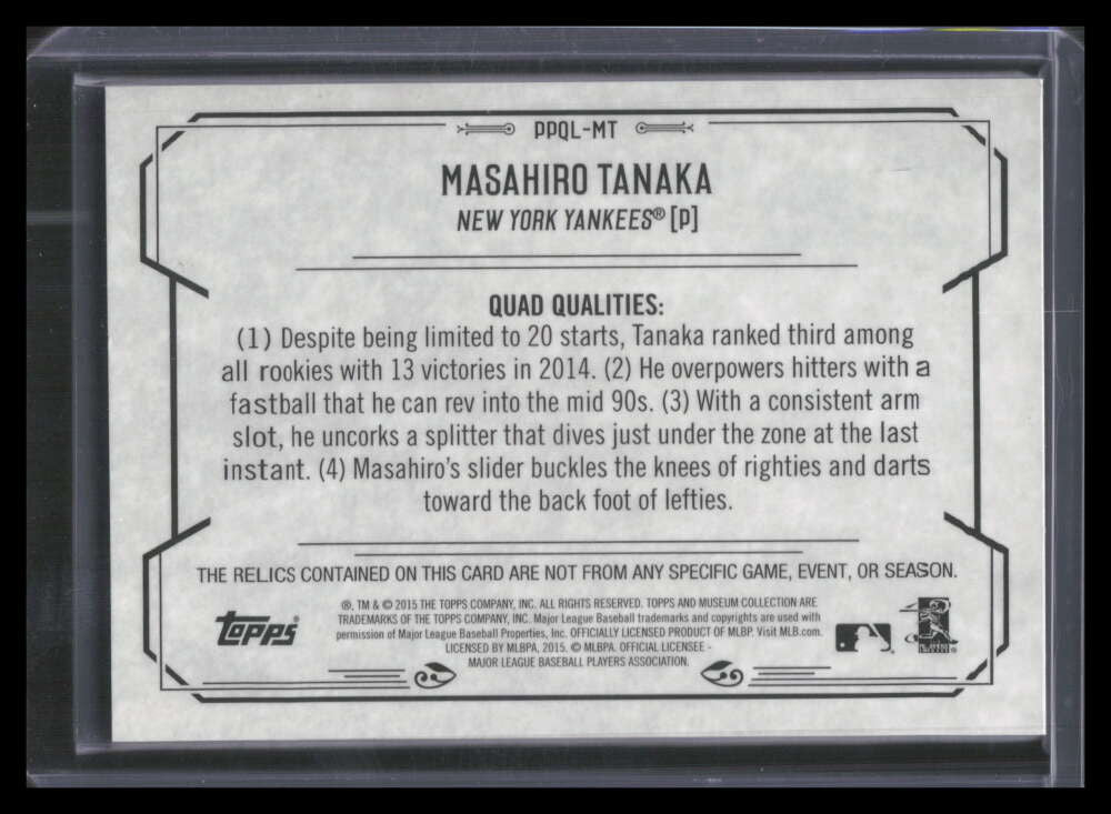 2015 Topps Museum Primary Pieces Legends Masahiro Tanaka Quad Jersey Patch 16/25