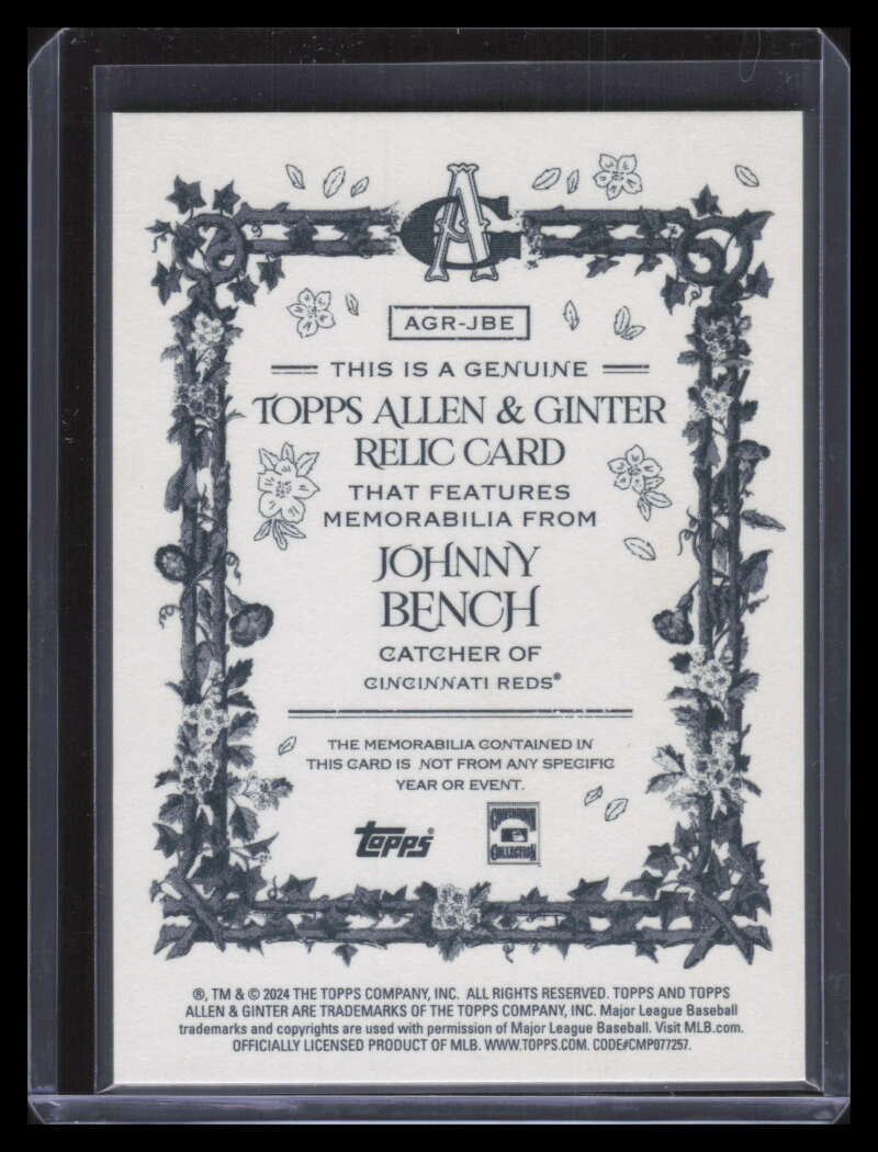 2024 Topps Allen and Ginter Relics AGRJBE Johnny Bench Bat 149928