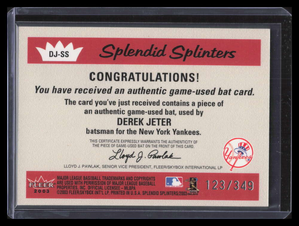 2003 Fleer Splendid Splinters Wood Game Bat DJ Derek Jeter Bat 123/349
