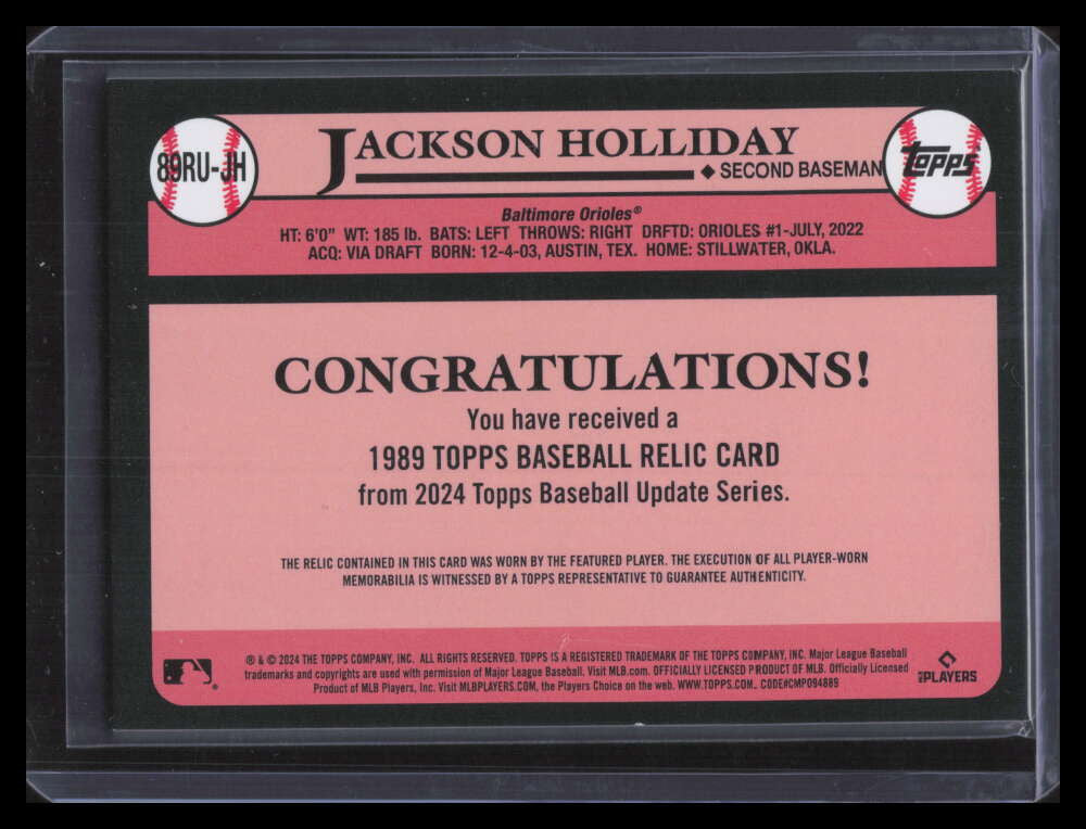 2024 Topps Update '89 Topps Relics 89rujh Jackson Holliday Rookie Jersey