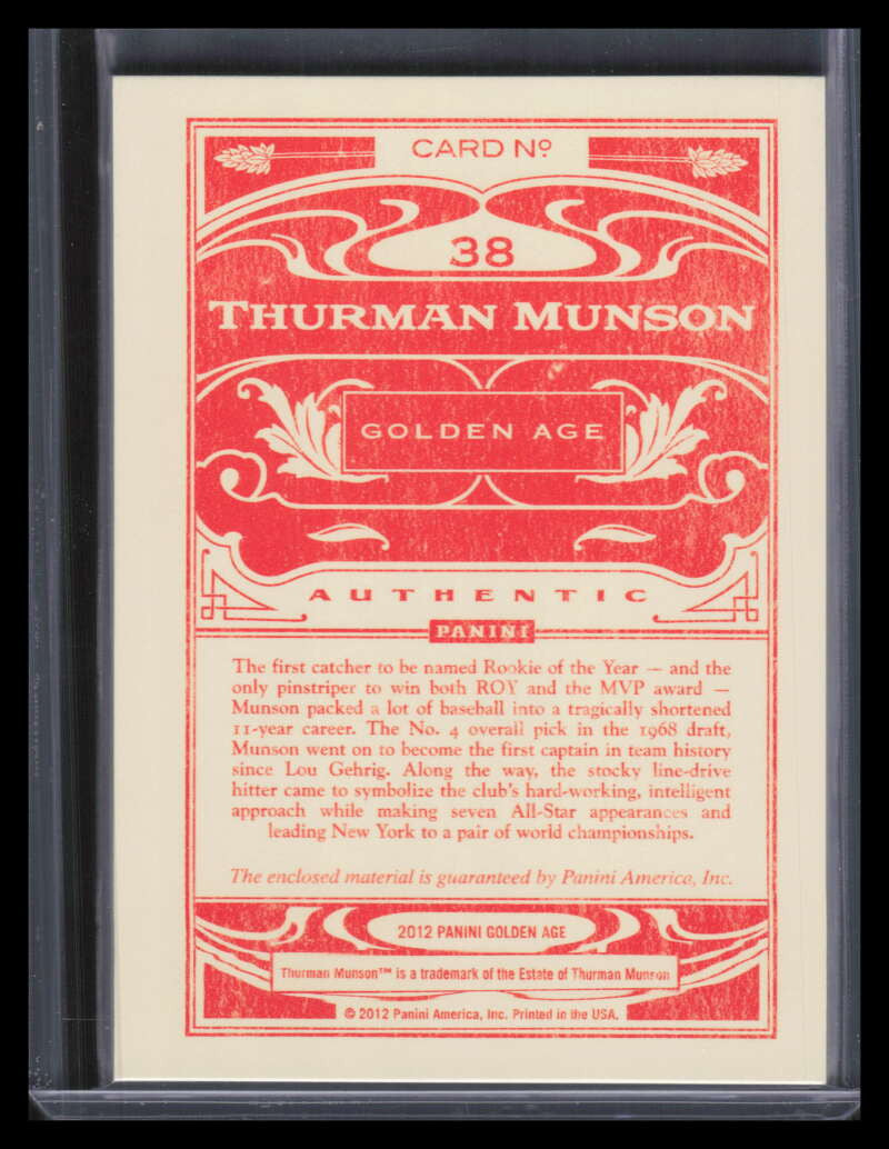 DELETE 163354 2012 Panini Golden Age Museum Age Memorabilia 38 Thurman Munson Jersey