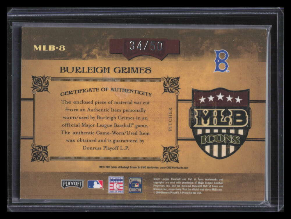2005 Prime Cuts MLB Icons Material Jersey Burleigh Grimes Pants Jersey 34/50