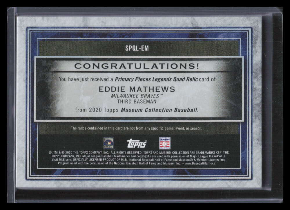 2020 Topps Museum Collection Primary Pieces Legends Eddie Mathews Quad Bat 9/10