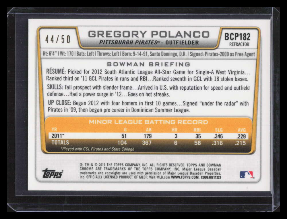 2012 Bowman Chrome Prospects Gold Refractor bcp182 Gregory Polanco Rookie 44/50