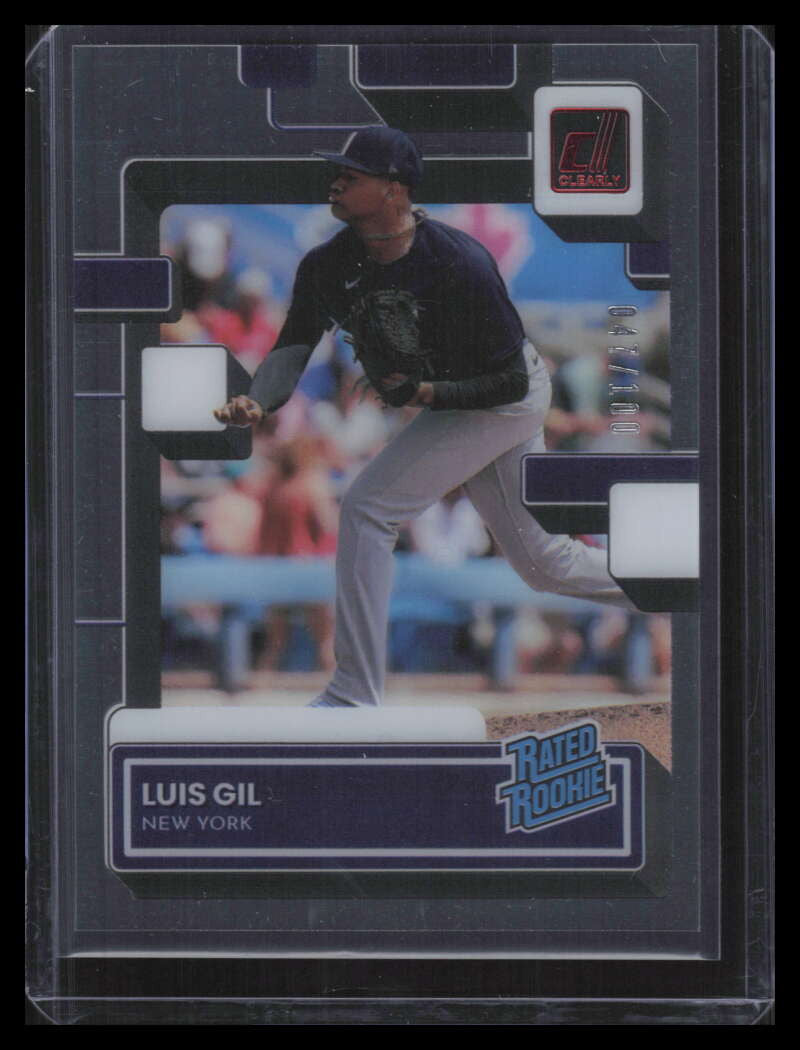 2022 Panini Chronicles Clearly Donruss Red 63 Luis Gil RR Rated Rookie 47/100