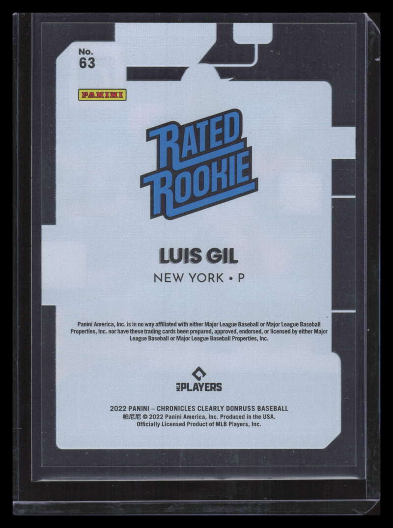 2022 Panini Chronicles Clearly Donruss Red 63 Luis Gil RR Rated Rookie 47/100