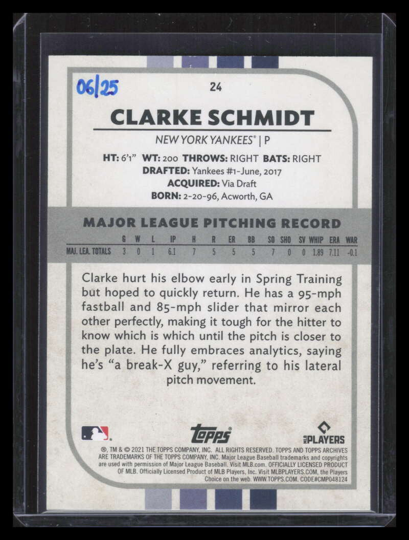 2021 Topps Archives Snapshots Negative Inverse 24 Clarke Schmidt Rookie 6/25