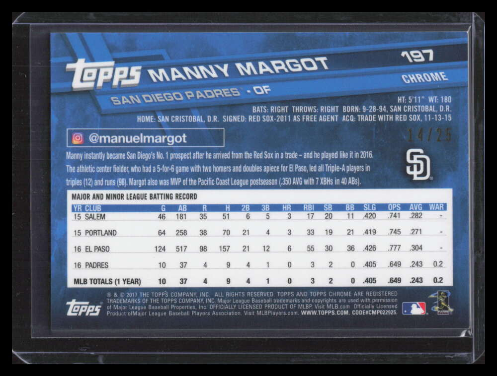 2017 Topps Chrome Orange Refractor 197 Manny Manuel Margot Rookie 14/25