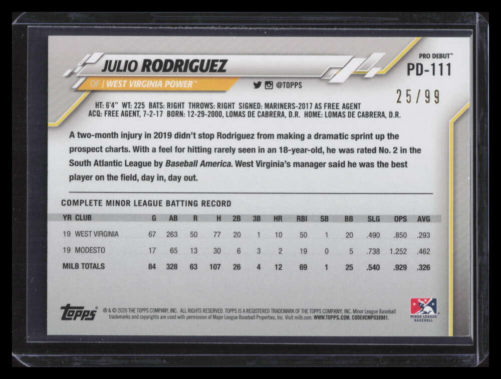 2020 Topps Pro Debut Green pd111 Julio Rodriguez Rookie 25/99