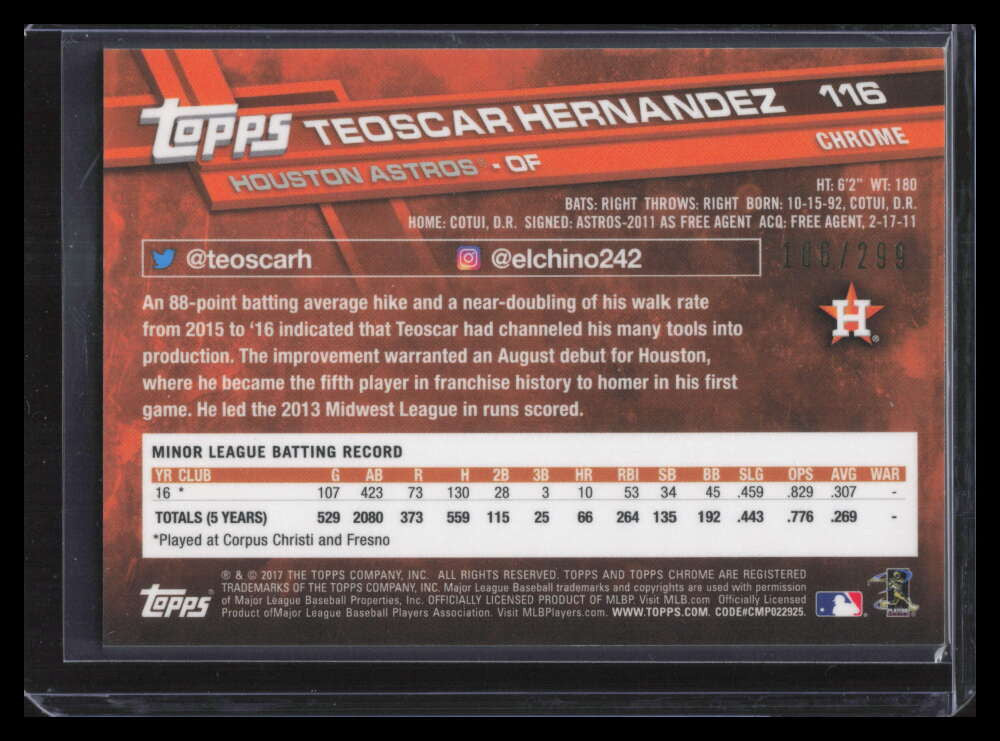 2017 Topps Chrome Purple Refractor 116 Teoscar Hernandez Rookie 186/299