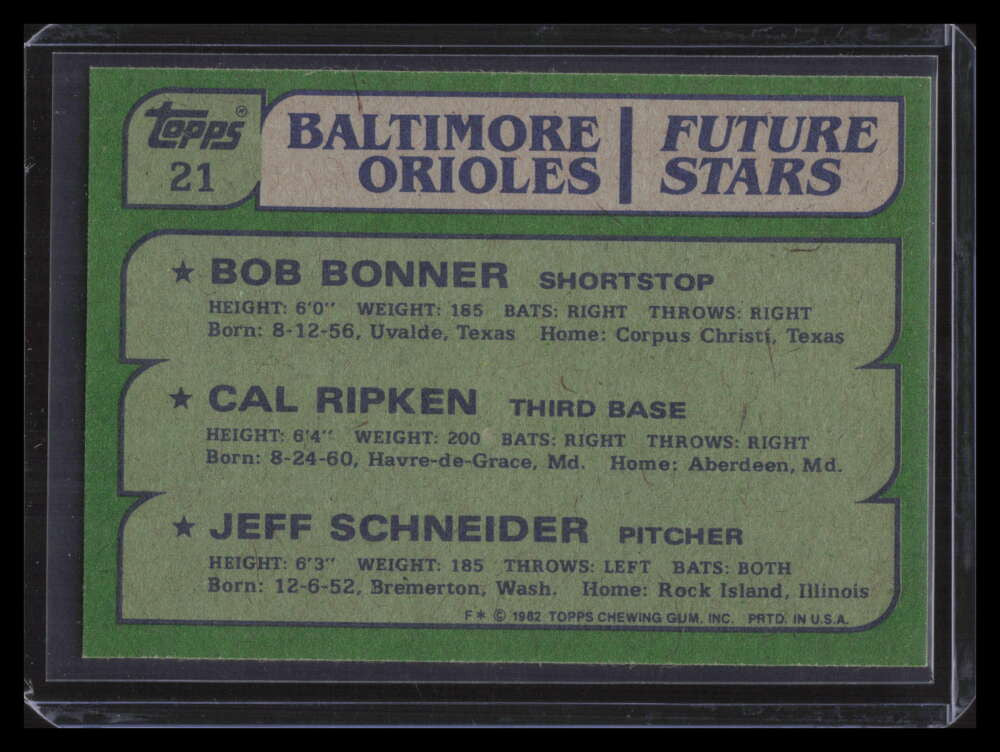 1982 Topps 21 Bob Bonner Jeff Schneider Cal Ripken Jr. Rookie