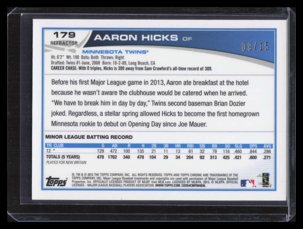 2013 Topps Chrome Camo Refractor 179 Aaron Hicks Rookie 9/15