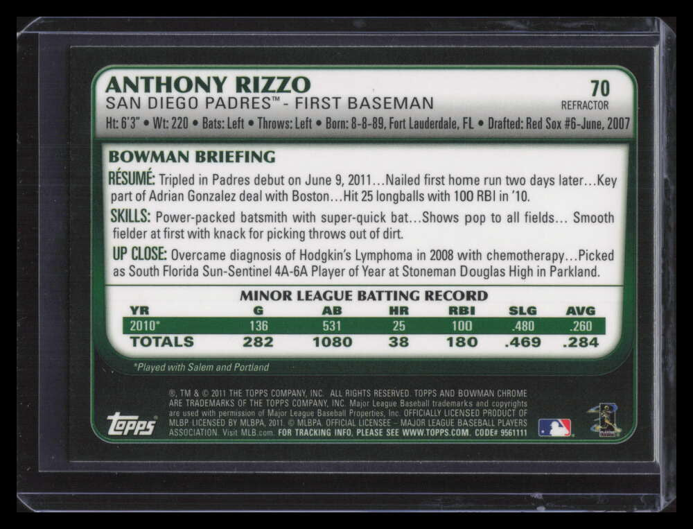 2011 Bowman Chrome Draft Purple Refractor 70 Anthony Rizzo Rookie