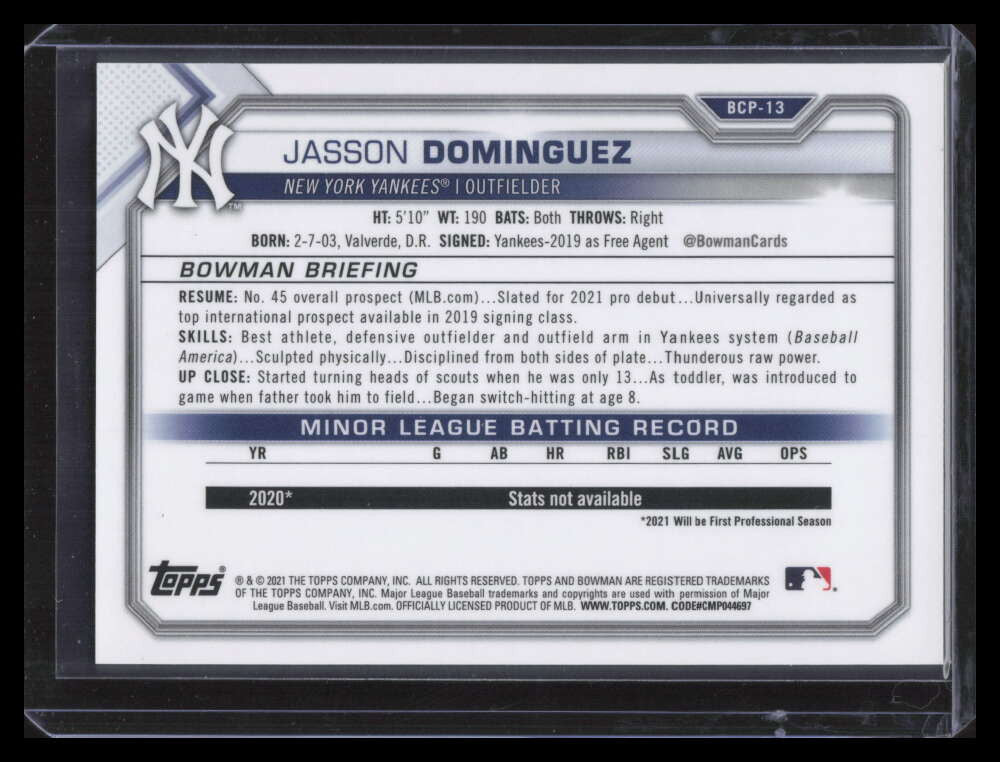 2021 Bowman Chrome Mega Prospects Yellow Refractor bcp13 Jasson Dominguez RC /75