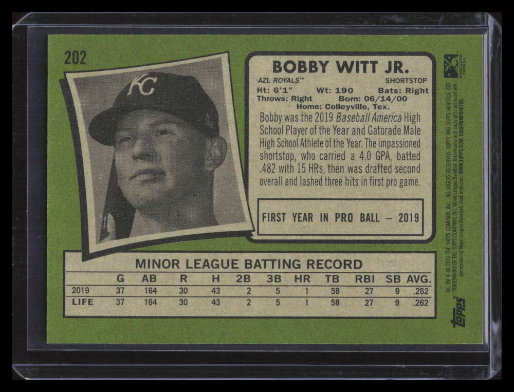 SOLD 163559 2020 Topps Heritage Minors 202 Bobby Witt Jr. Rookie SP