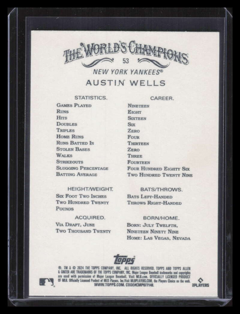 2024 Topps Allen and Ginter Gold Foil Filigree 53 Austin Wells Rookie 8/50