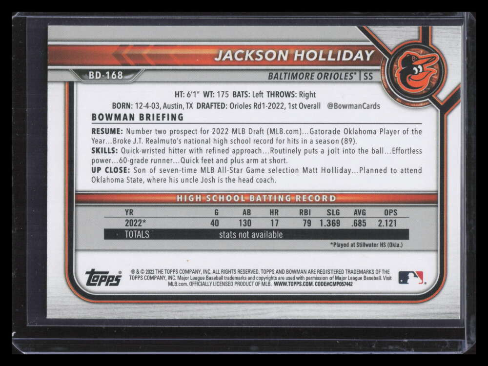 2022 Bowman Draft 1st Edition Sky Blue Foil bd168 Jackson Holliday Rookie
