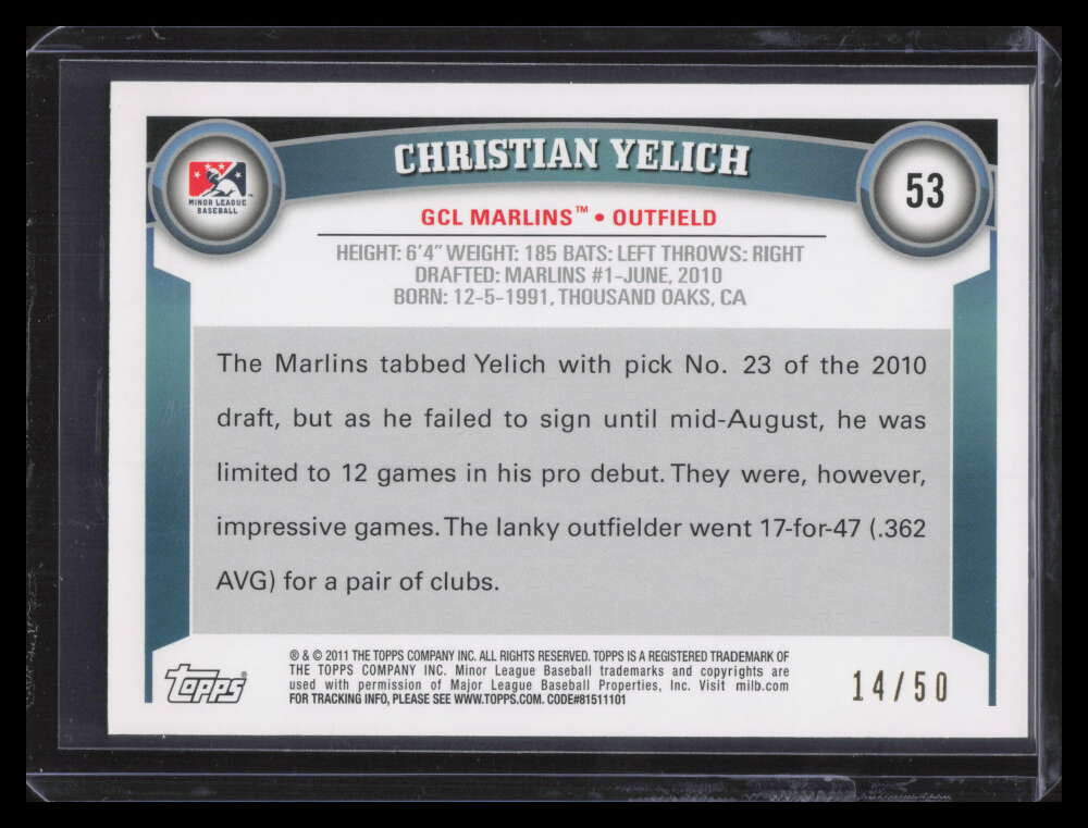 SOLD 163572 2011 Topps Pro Debut Gold 53 Christian Yelich Rookie 14/50