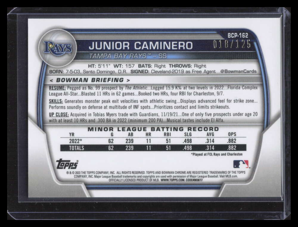 SOLD 163577 2023 Bowman Chrome Prospects Aqua Refractor bcp162 Junior Caminero Rookie 18/125